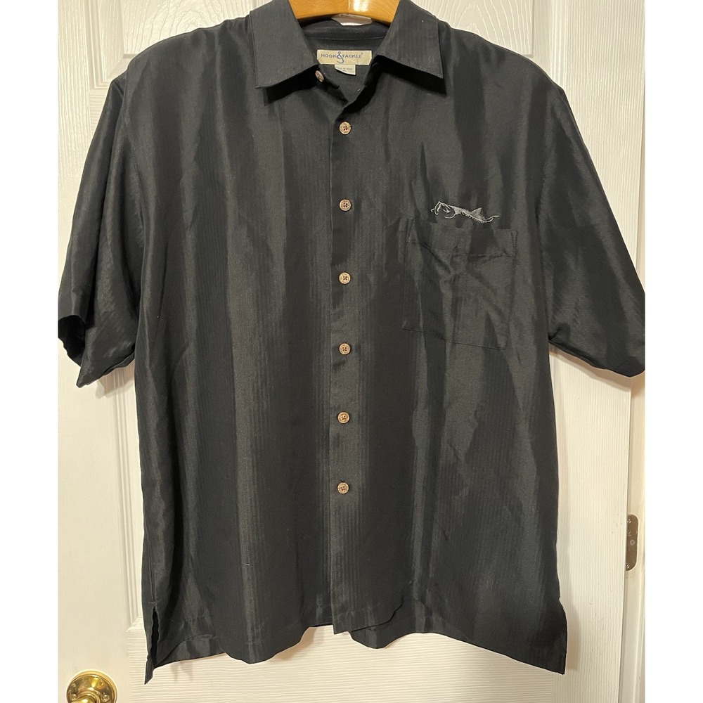 Hook‎ & Tackle  Mens  XL Black Embroidered Button Up Short Sleeve Shirt Fishing